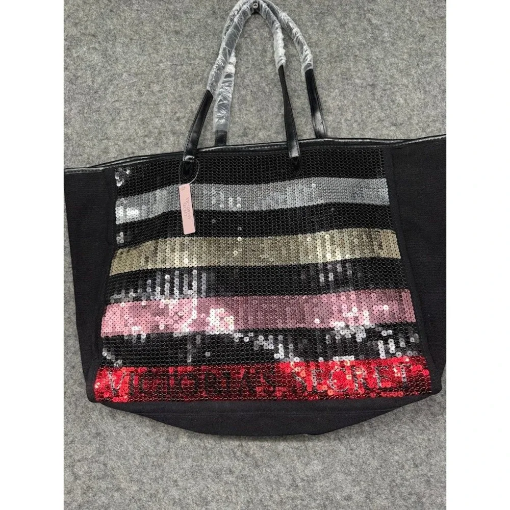Victoria's Secret Sequin Stripe Canvas Tote Bag Black Multi Color Large NEW